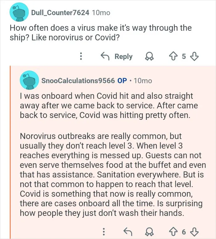 Comments from cruise ship employees sharing behind the scenes insights about virus outbreaks and workplace challenges onboard.