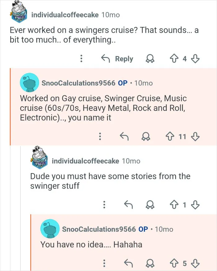 Reddit conversation between cruise ship employees sharing behind the scenes stories from unique themed cruises.
