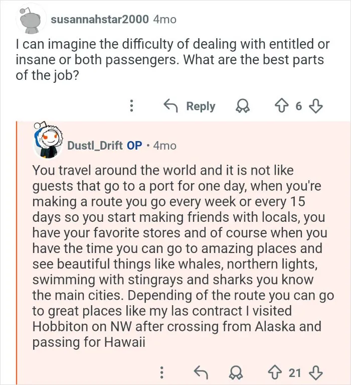 Reddit conversation highlighting cruise ship employees sharing the behind the scenes look at their workplace experiences.