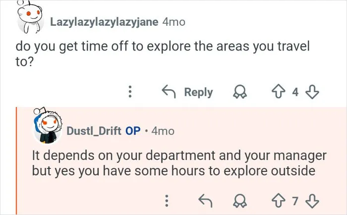 Reddit exchange where cruise ship employees share the behind the scenes look at their workplace and explore time.