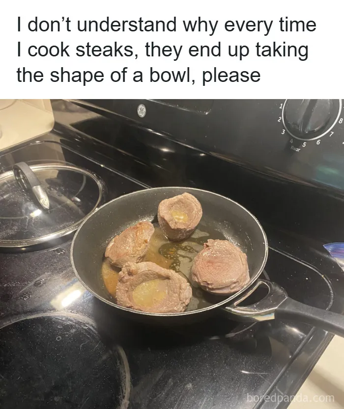 Steaks cooking in a pan oddly shaped like bowls, highlighting a strange and stupid dish cooking fail.