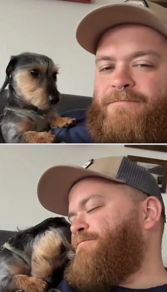 Man with beard and dog sharing a tender moment, a wholesome photo perfect for eye bleach and cleansing your eyes.