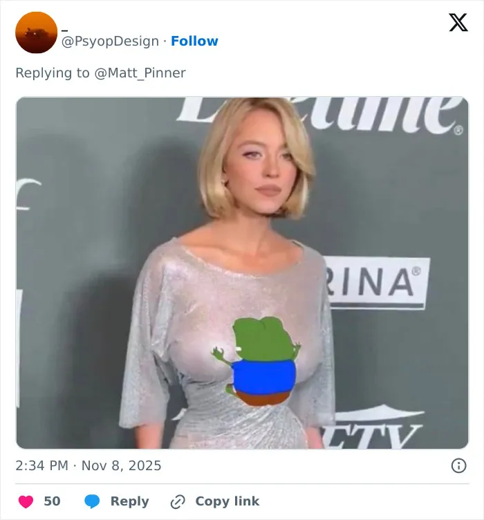 Actress Sydney Sweeney at an event with a cartoon frog meme edited on her silver dress, sparking elevator tweet memes.