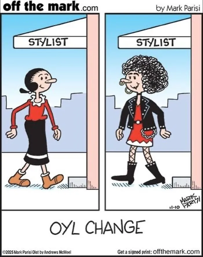 One-panel comic by Mark Parisi showing a humorous stylist transformation illustrating clever iconic characters.