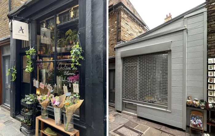 Esta encantadora fachada de tienda en Camden Passage ha sido demolida y reemplazada con un revestimiento de PVC gris y una persiana enrollable. Sin permiso de obra.