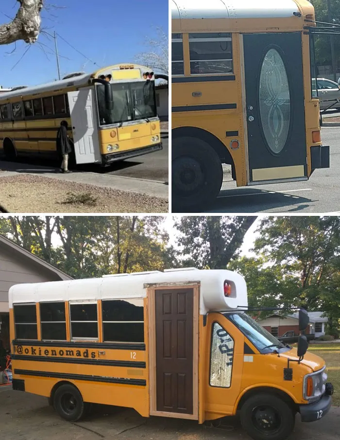 Autobuses escolares con puertas y diseños mal ejecutados, errores destacados de arquitectos y diseñadores en sus trabajos.