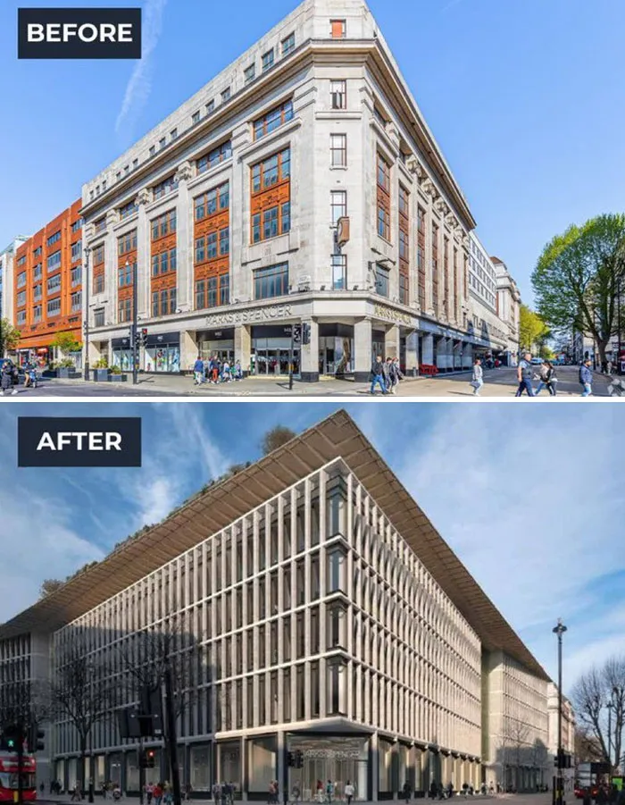 Comparación de diseño arquitectónico antes y después, mostrando errores y cambios en la planificación urbana y fachada del edificio.