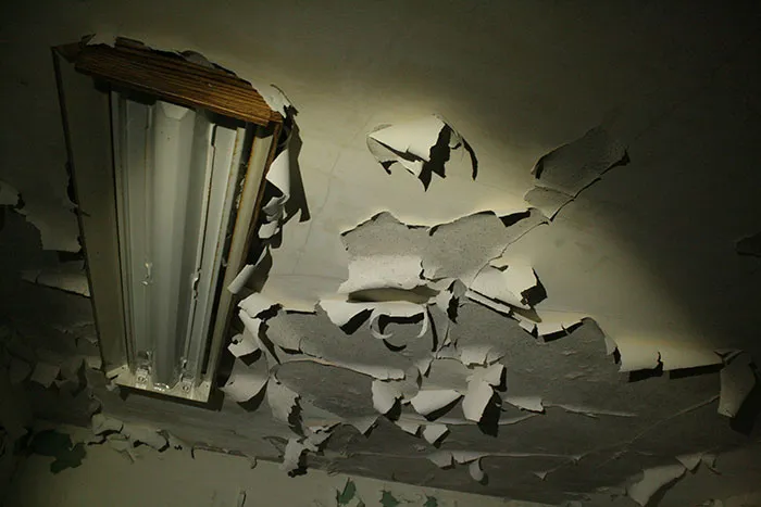 Peeling and damaged ceiling around a broken fluorescent light fixture, evoking a scary and unsettling atmosphere.