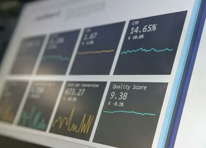 Close-up of graphs and metrics on a screen showing data analysis related to people falling for scams and its impact.