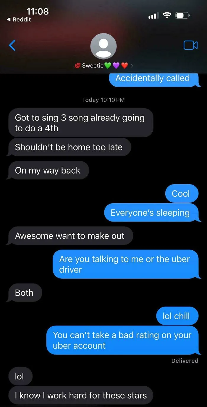 Funny text message exchange where one person jokes about making out with both their partner and Uber driver.