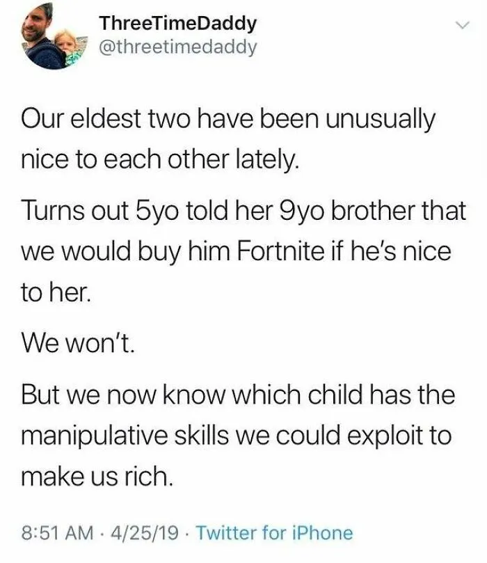 Parent meme about siblings being unusually nice after a Fortnite bribe, showing relatable parenting moments and humor.