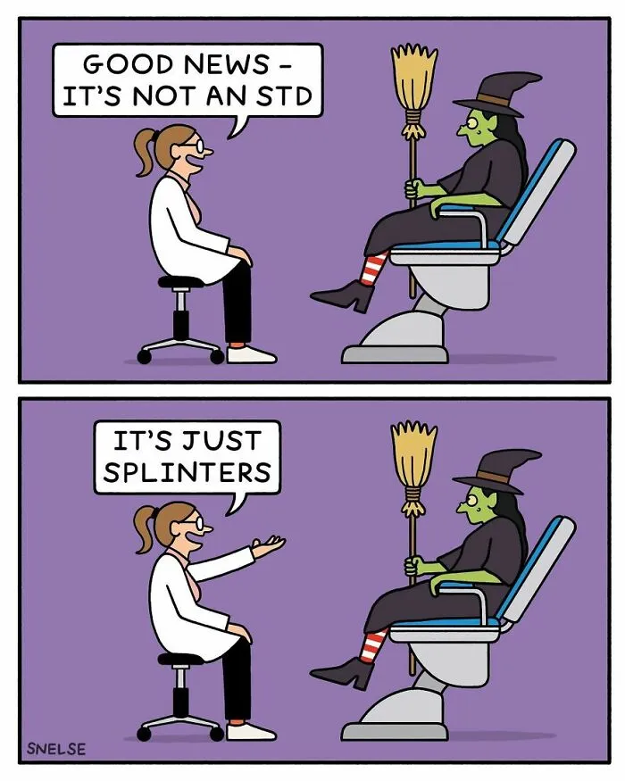 Cartoon illustration of a doctor telling a witch patient that her injury is splinters, not an STD, comic humor artwork.