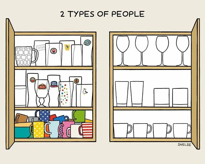 Illustration of two types of people organizing glasses and mugs in cabinets, showcasing humorous comic art style.