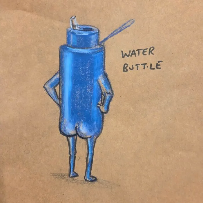 Hand-drawn pun of a blue water bottle with legs and arms on a lunch bag, representing dad jokes and puns.