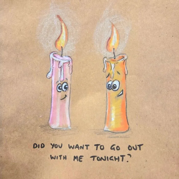 Hand-drawn dad joke on lunch bag featuring two cartoon candles with the pun about going out tonight.