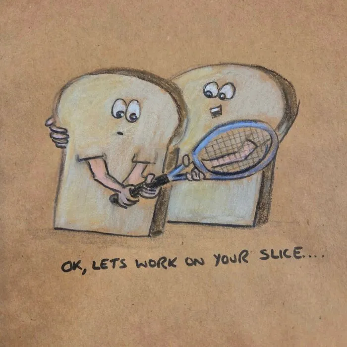 Cartoon drawing of two bread slices playing tennis with a racket, a dad joke pun illustrated on a lunch bag.