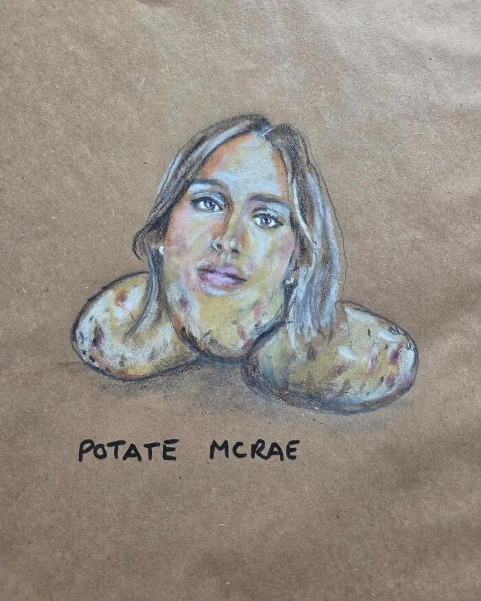 Drawing of a potato with a human face and the pun Potate McRae, showcasing dad jokes and puns on lunch bags.