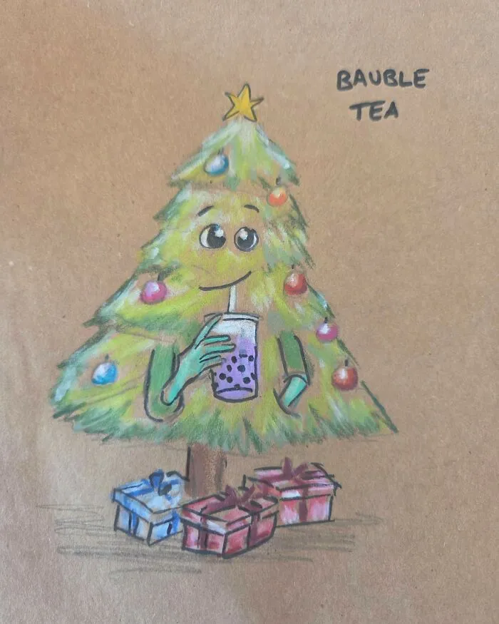 Cartoon Christmas tree drinking bubble tea with presents below, a playful dad joke drawing on a kids’ lunch bag.