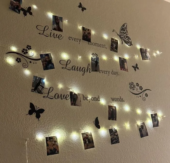 A Strand Of <a Style="Display:inline;" Href="Https://Www.amazon.com/Hanging-String-Lights-Pictures-Function/Dp/B07gpk3cnk?ie=utf8&linkcode=ll1&tag=bpaxolotl-20&linkid=498a60e50e37d8c8a17950ee503eba6a&language=en_us&ref_=as_li_ss_tl" Target="_blank"> <span Style="Font: Inherit; Color: #d74b1f;"> 50 LED Photo Clips String Lights </Span> Will Turn Their Wall From A Boring, Painted Surface Into A Glowing Shrine Of All Their Favorite Memories And Memes