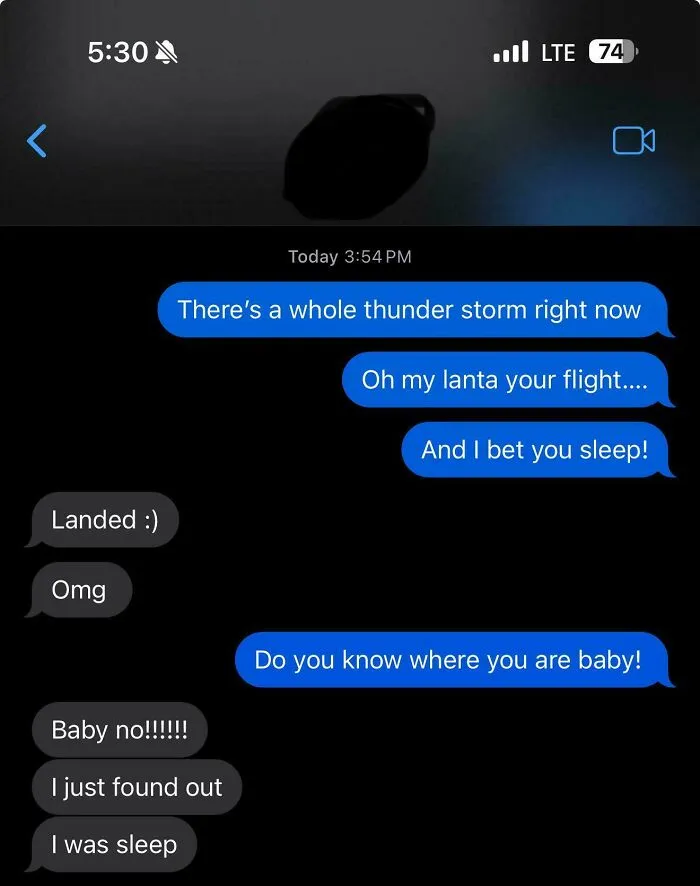 Text exchange showing a hilarious conversation where one person humorously admits they were asleep during their flight.