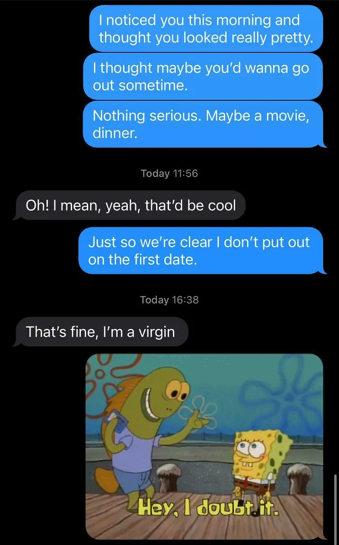 Text conversation showing a hilarious exchange with a SpongeBob meme, capturing funny texts people still think about.