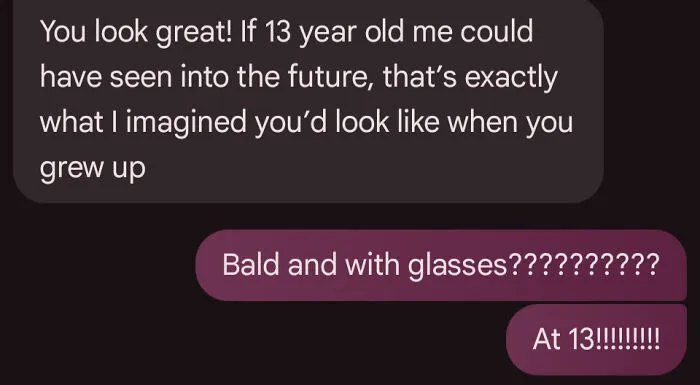 Hilarious texts people still think about, including a funny message about looking bald and wearing glasses at 13.