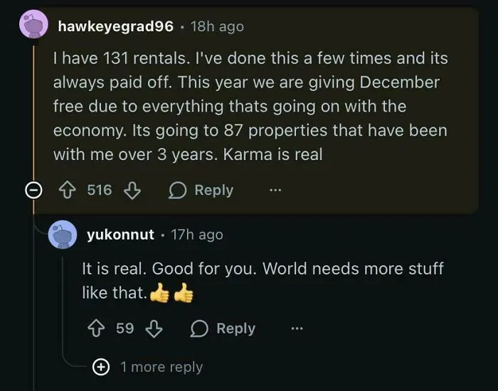 Reddit comments discussing rental management experiences and karma in rental nightmares where landlords cut corners.