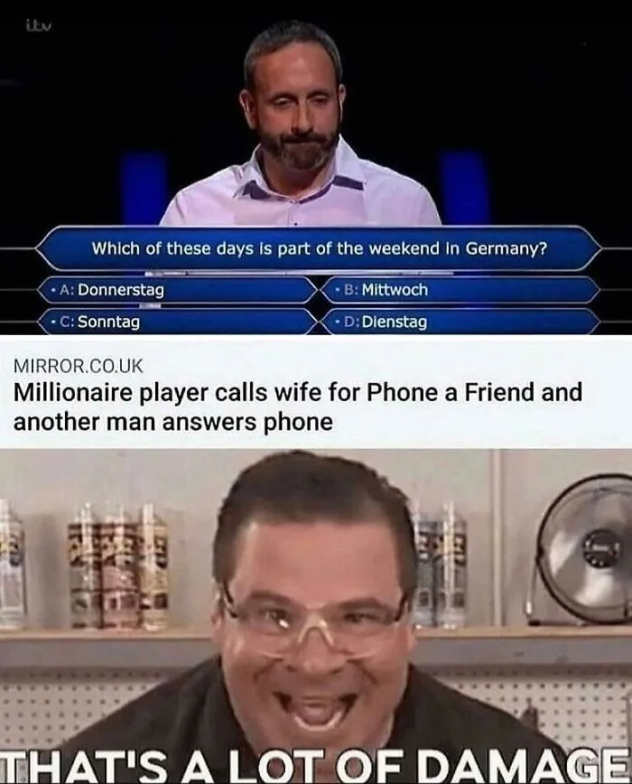 Man on a quiz show puzzled by question with funny viral posts that make you say wait what and laugh out loud.