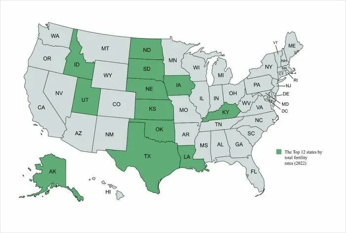 Map highlighting states with highest fertility rates in the US, showing curious and interesting map data by state in 2022.