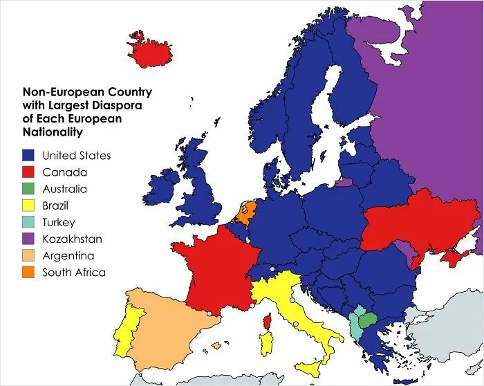 Map showing non-European countries with the largest diaspora for each European nationality using colorful data visualization.