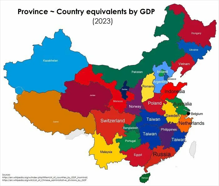 Map showing curiosity-interesting-map-data of province to country GDP equivalents for 2023 with various country names.