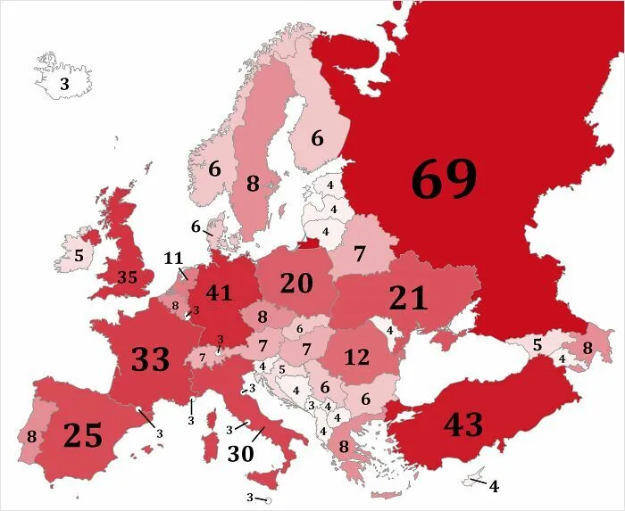 Europe map displaying numerical data with varying red shades highlighting curiosity-interesting-map-data by country.