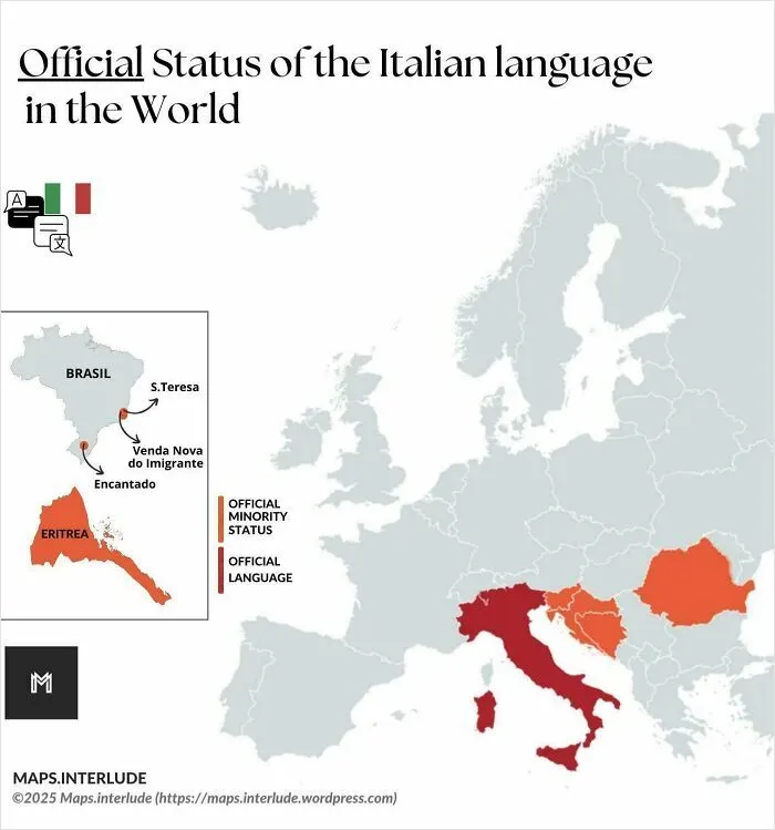 Map showing official and minority status of the Italian language in countries with curiosity interesting map data highlights.