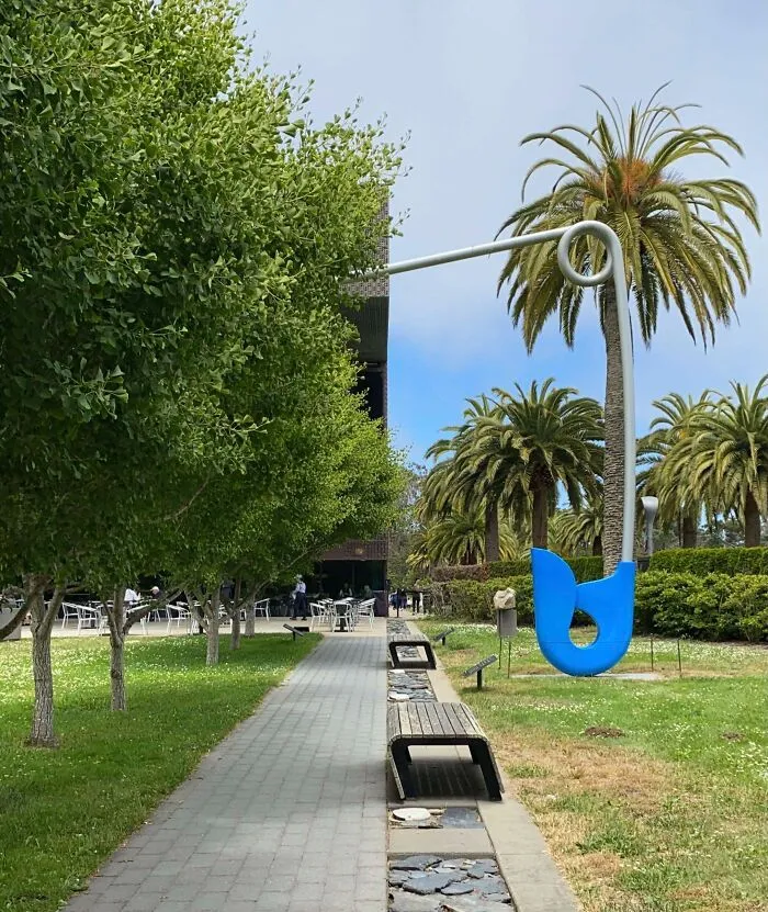 Sculpture blending with palm tree creates a confusing photo that might make your brain need a moment to catch up.