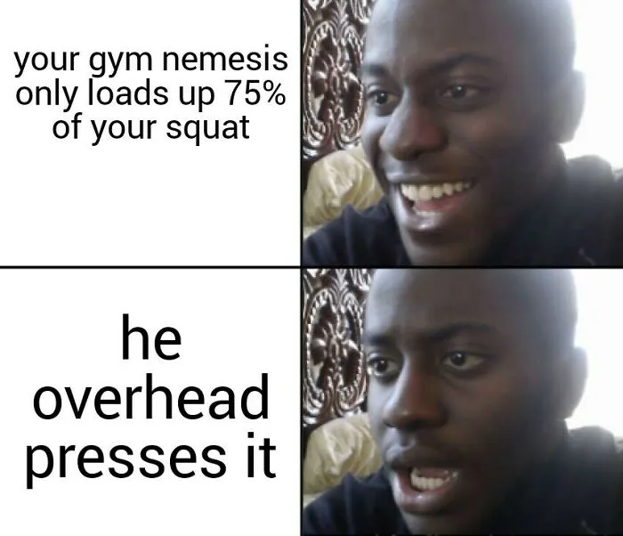 Man reacting with smiling and shocked expressions to gym memes about squat and overhead press, gym meme humor for lifters.
