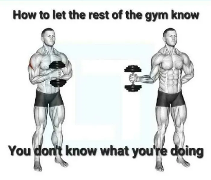 Muscular man demonstrating dumbbell exercises with captions implying real lifters relate to gym meme humor.