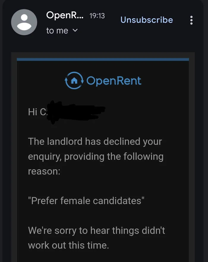 Email screenshot showing a landlord declining a rental inquiry, highlighting rental nightmares where landlords tried to cut corners.