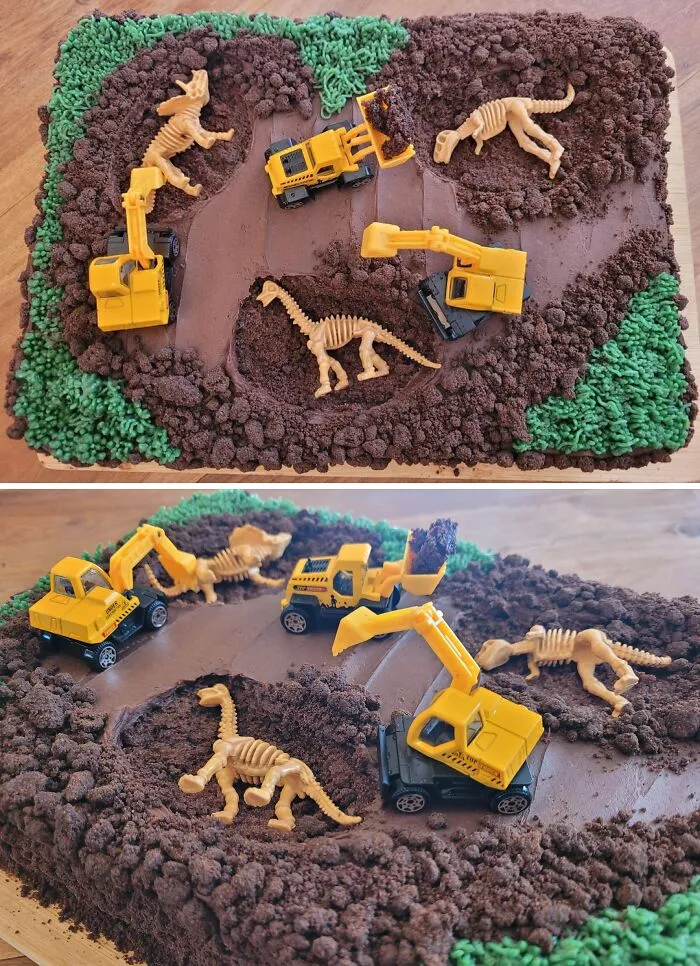 My Three Year Old Asked For A Construction And Dinosaur Cake. This Is What I Came Up With