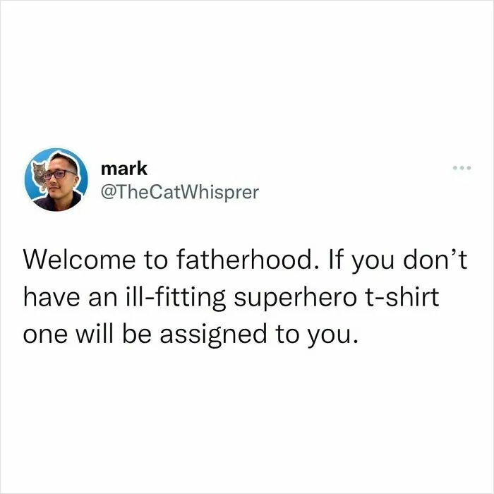 Parenting tweet humor about fatherhood and ill-fitting superhero t-shirts in relatable parenting and marriage tweets context.
