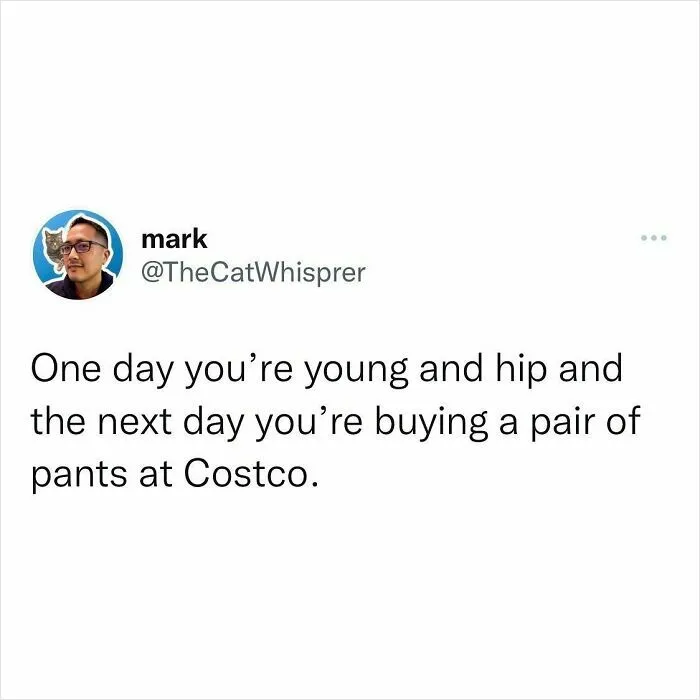 Parent shares relatable parenting and marriage tweet about growing up and shopping at Costco.