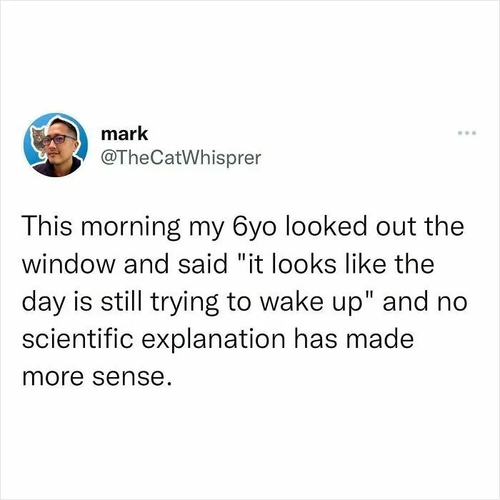 Parenting and marriage tweet sharing a child's relatable morning observation about the day still trying to wake up.