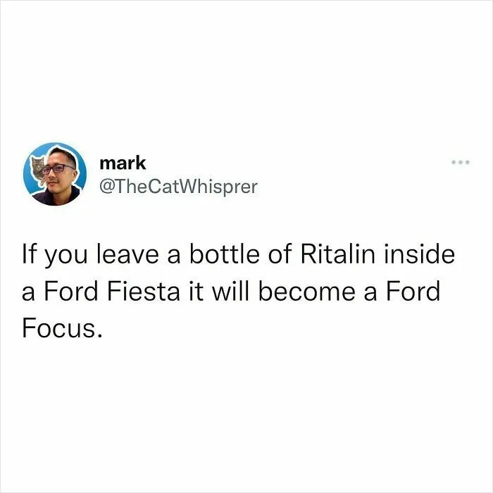 Tweet humor about parenting and marriage showing a witty joke relating Ritalin to a Ford Fiesta becoming a Ford Focus.