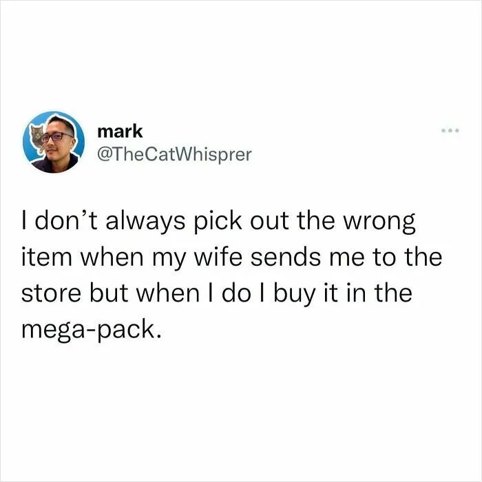 Tweet about relatable parenting and marriage humor with a funny story about buying the wrong item at the store.