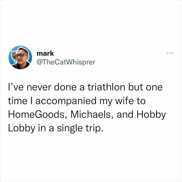 Tweet about relatable parenting and marriage moments humorously comparing shopping trips to a triathlon challenge.
