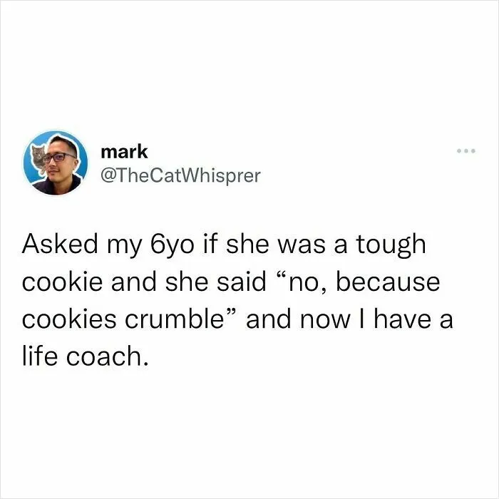 Tweet from a parent sharing a funny and relatable parenting moment about their child's wise response.