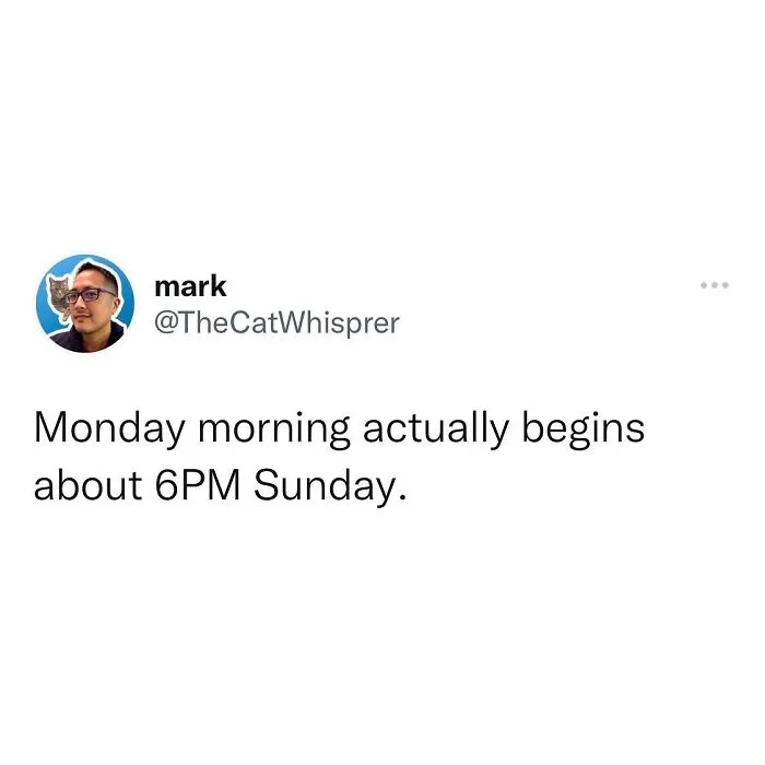 Tweet from user mark humorously stating Monday mornings start Sunday evening, reflecting relatable parenting and marriage struggles.