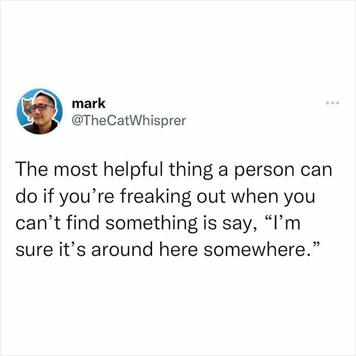 Tweet about relatable parenting and marriage advice showing support when someone is freaking out over lost items.