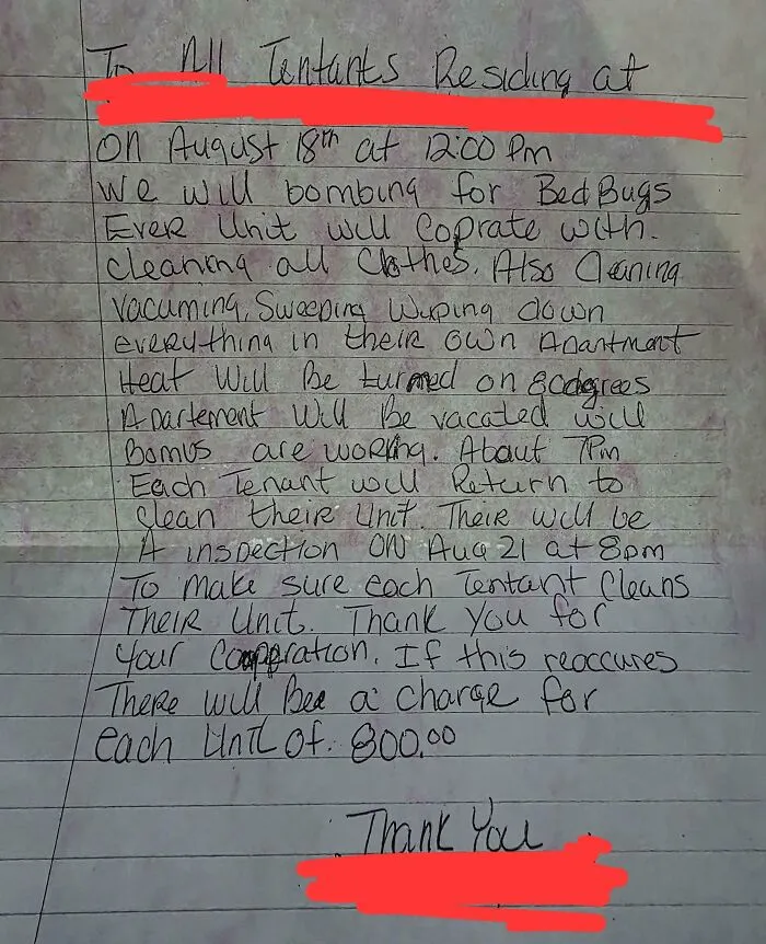 Handwritten landlord notice threatening an $800 charge for tenants if bed bug cleaning is not done properly, rental nightmares exposed.