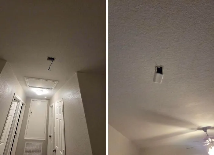 Hallway ceiling with exposed wiring and a loose fixture, illustrating rental nightmares where landlords cut corners and got exposed.