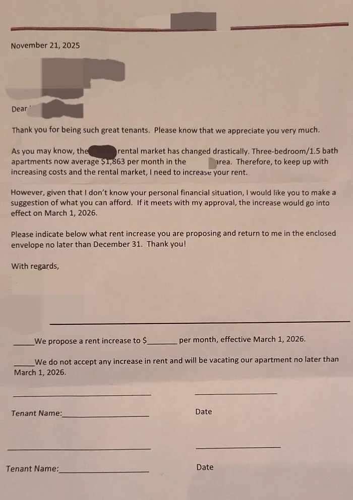 Rental notice letter from landlord asking tenants to suggest rent increase amid changing rental market conditions.